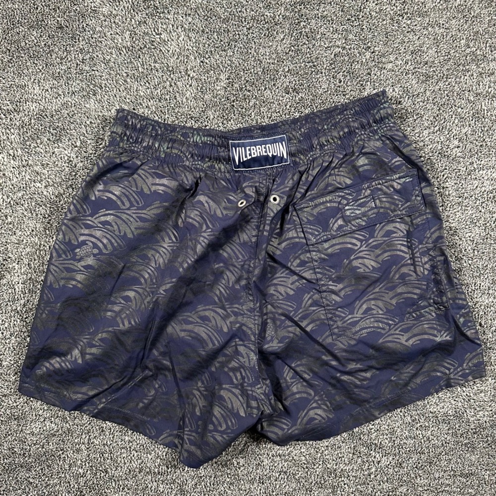 Vilebrequin x Neiman Marcus Swim Trunks Men Small Navy Blue Wave Turtle Jacquard